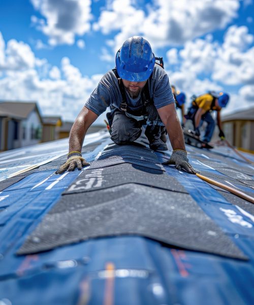 Construction workers installing shingles on the roof of a suburban house under a clear blue sky. Construction workers installing shingles on the roof of a suburban house under a clear blue sky.